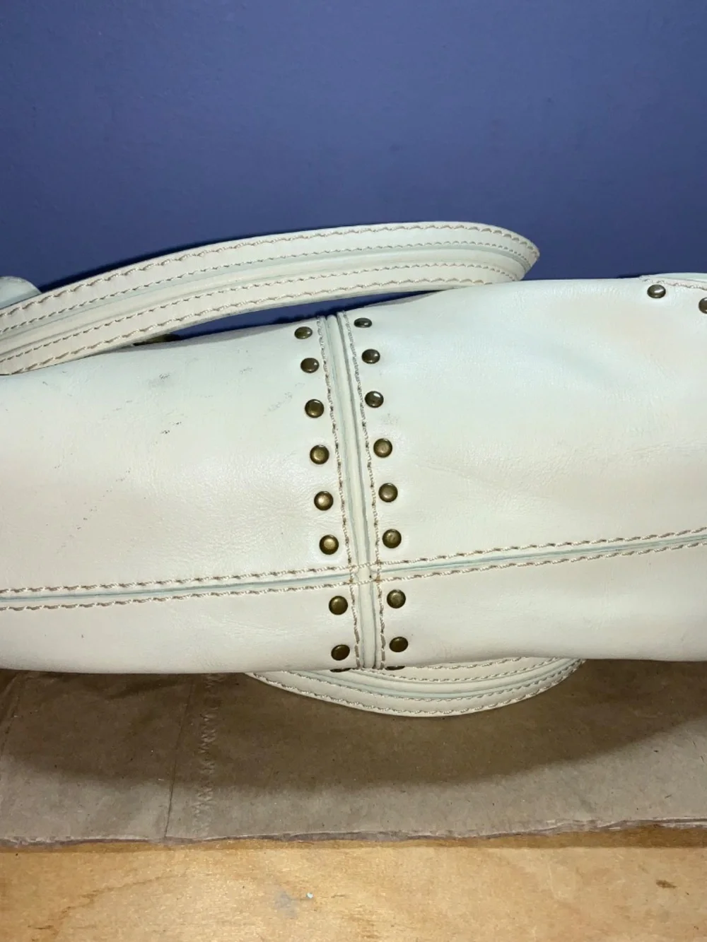 Michael Kors cream studded leather tote purse satchel nailhead detail